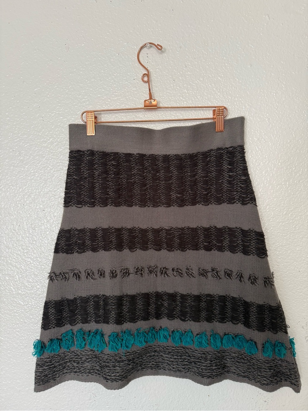 Nick & Mo Gray and Black Knit A-Line Skirt with Teal Fringe size M women’s